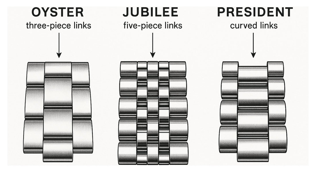 Rolex bracelet link comparison: Oyster three-piece links, Jubilee five-piece links, and President semi-circular links side by side for identification.