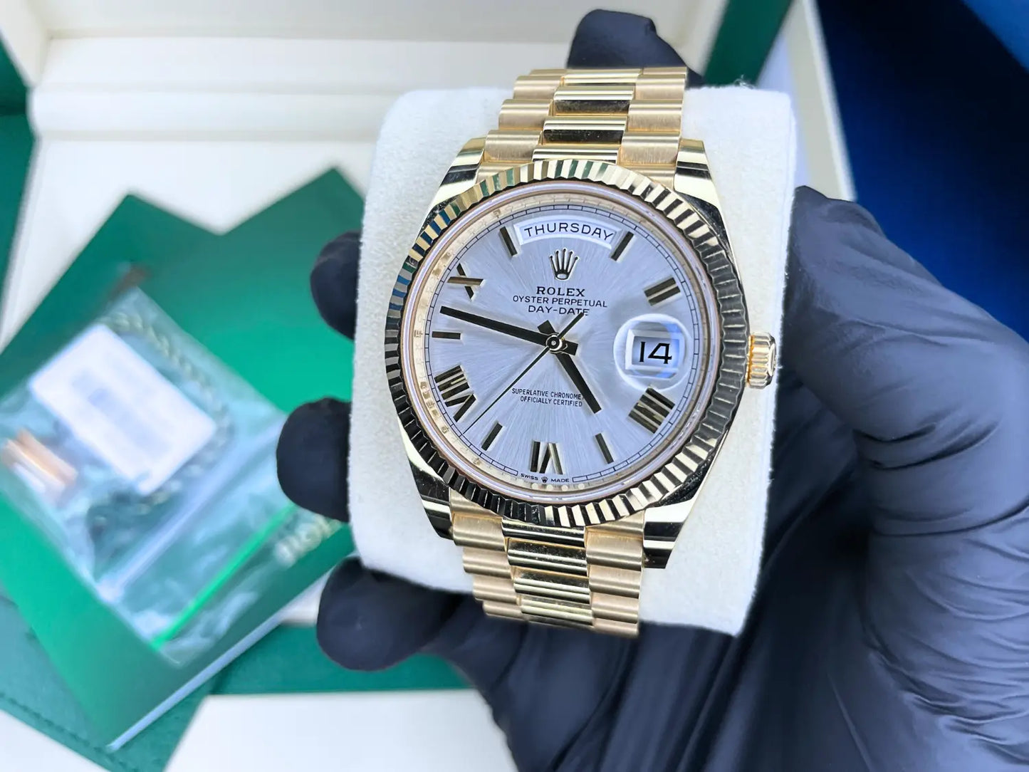 Rolex Day-Date Yellow Gold Silver Dial MINT - Impossible Watches