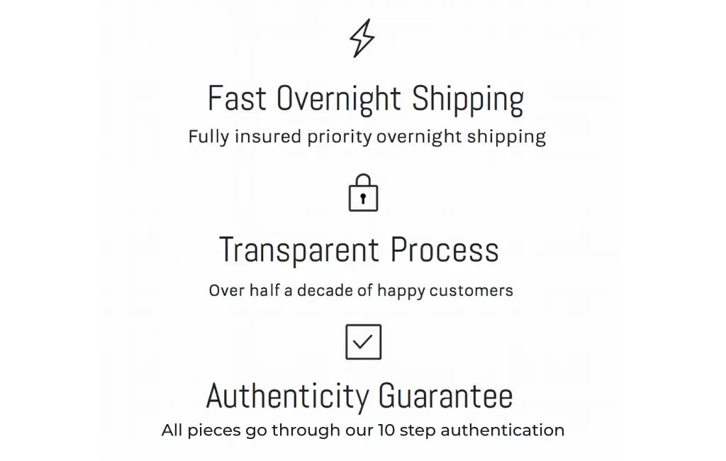Text describing fast overnight shipping, transparent process, and authenticity guarantee on a white background.