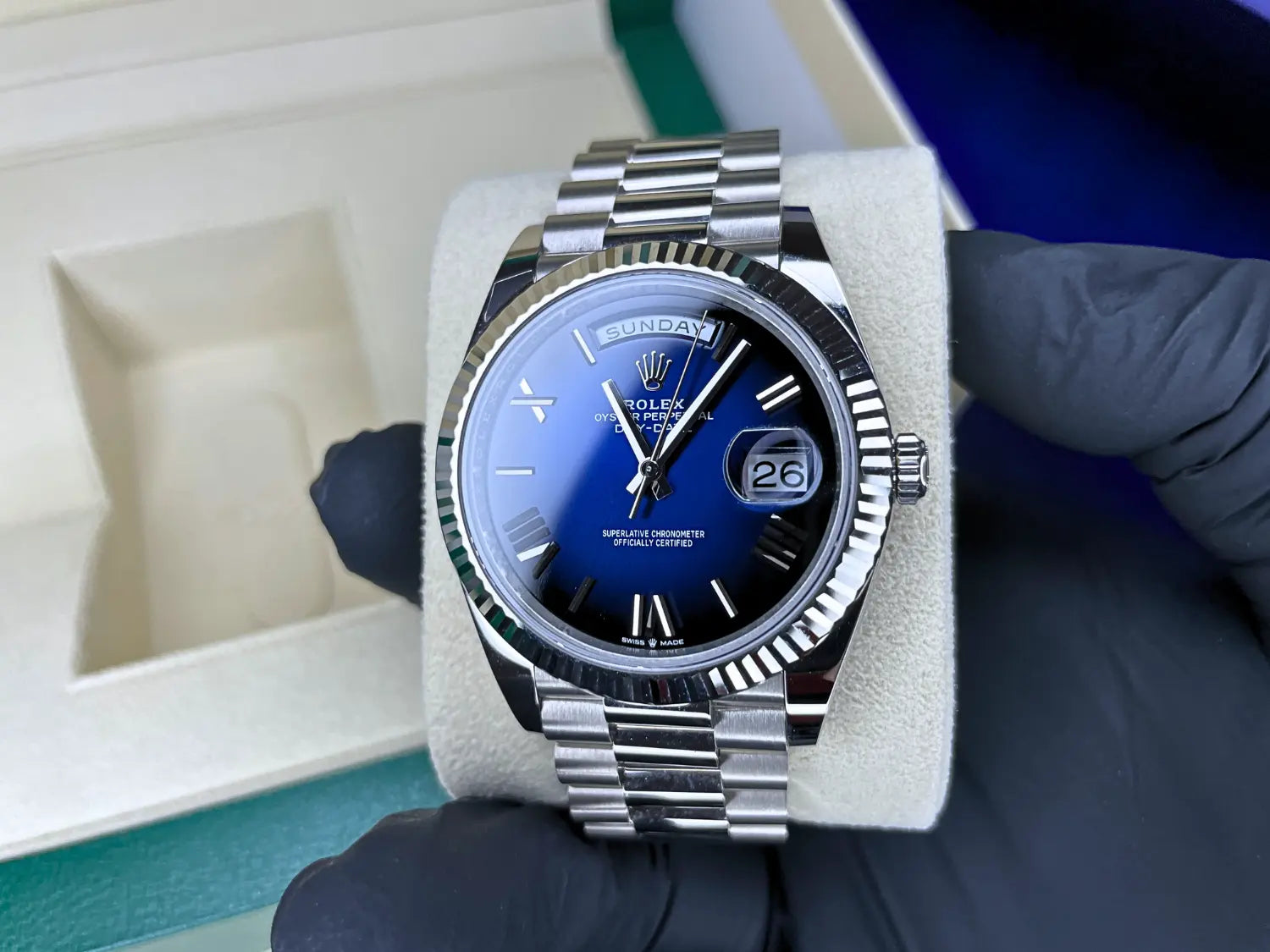 Rolex Day Date Blue Ombre White Gold MINT 2024 - Impossible Watches