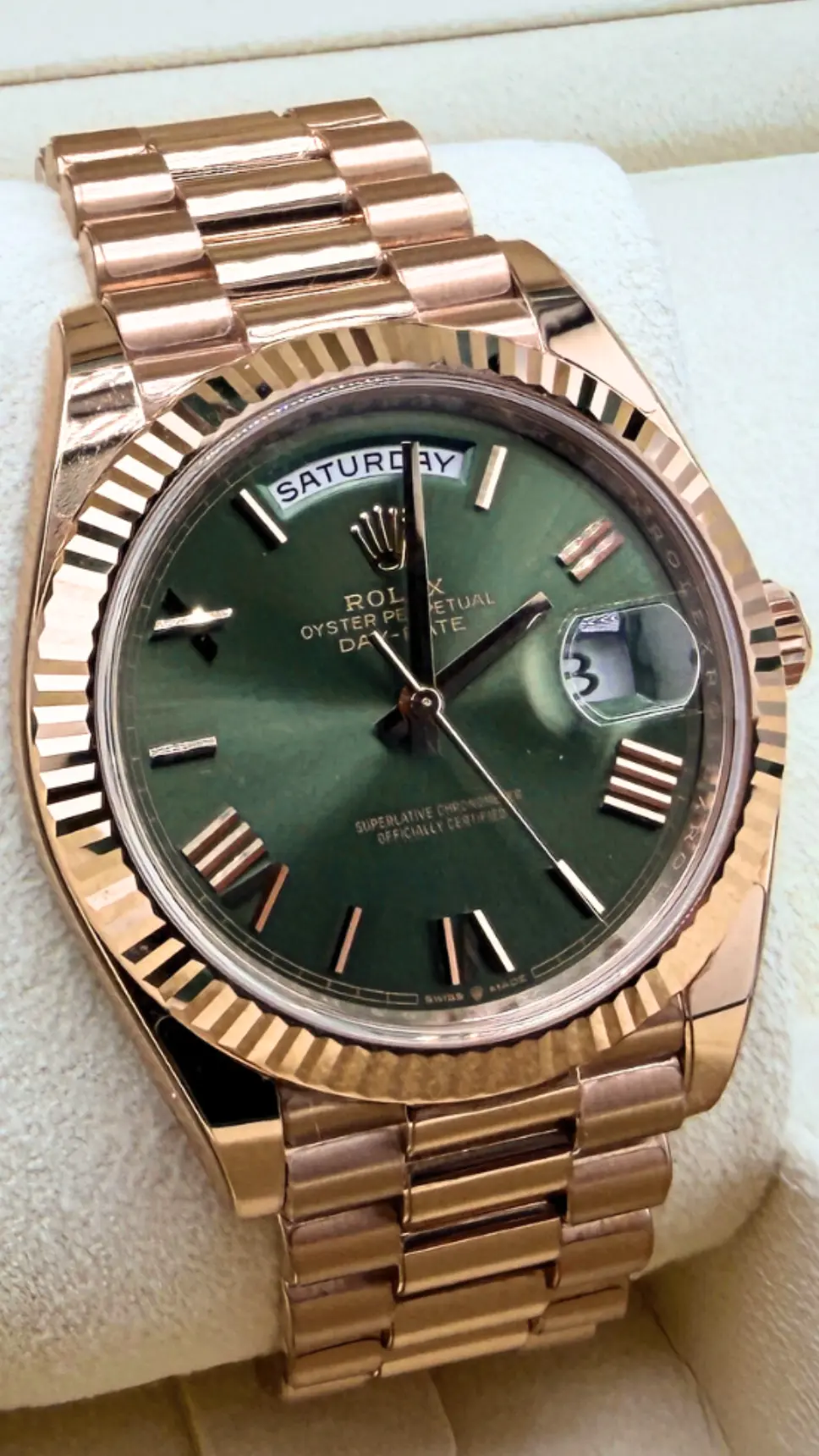 Rolex Day Date 40 Rose Gold Olive Dial LNIB - Impossible Watches