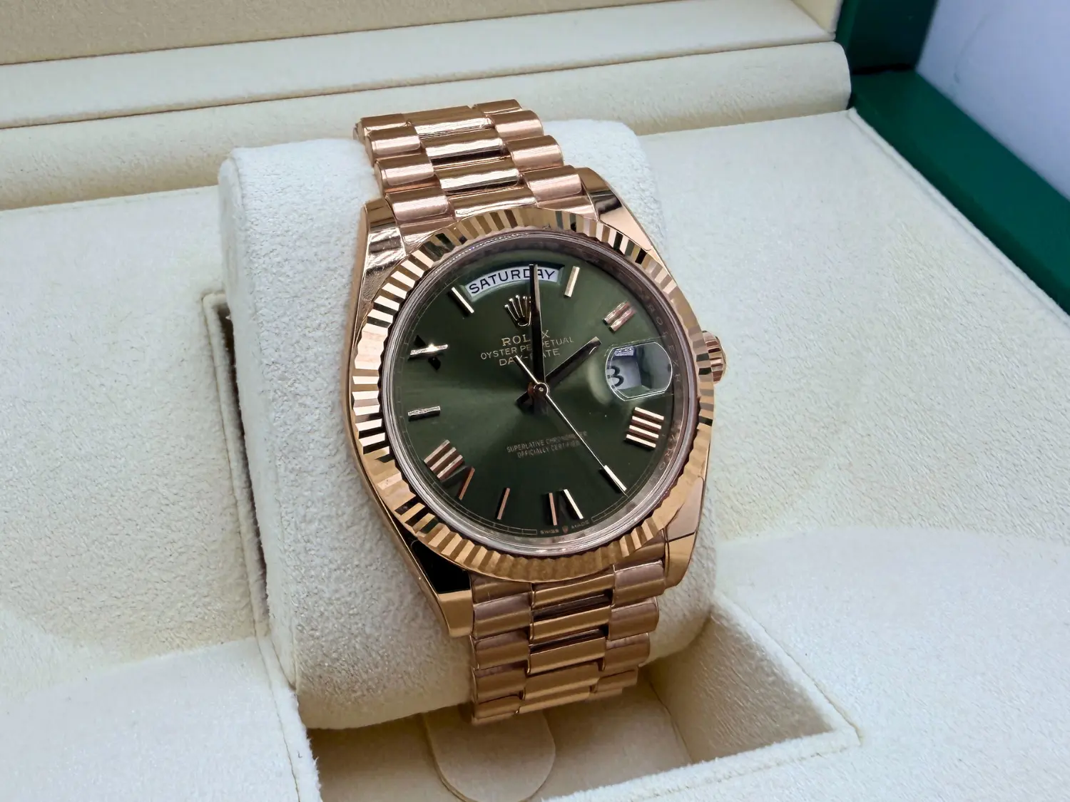 Rolex Day Date 40 Rose Gold Olive Dial LNIB - Impossible Watches
