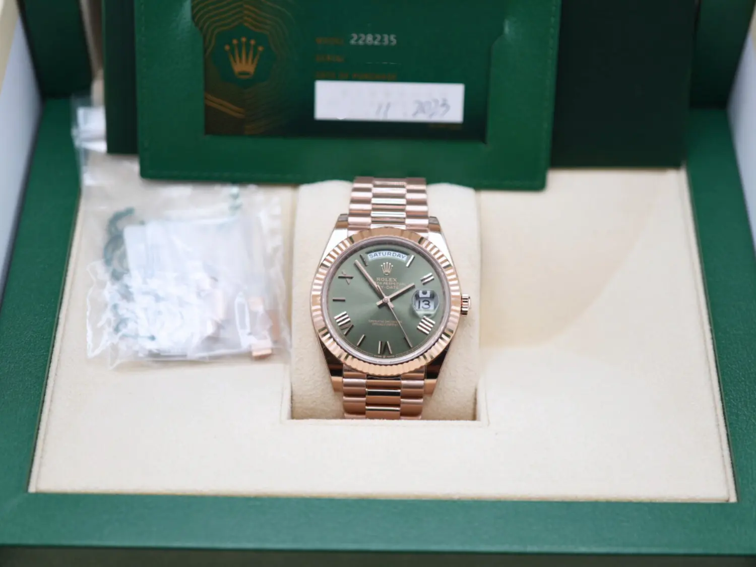Rolex Day Date 40 Rose Gold Olive Dial LNIB - Impossible Watches