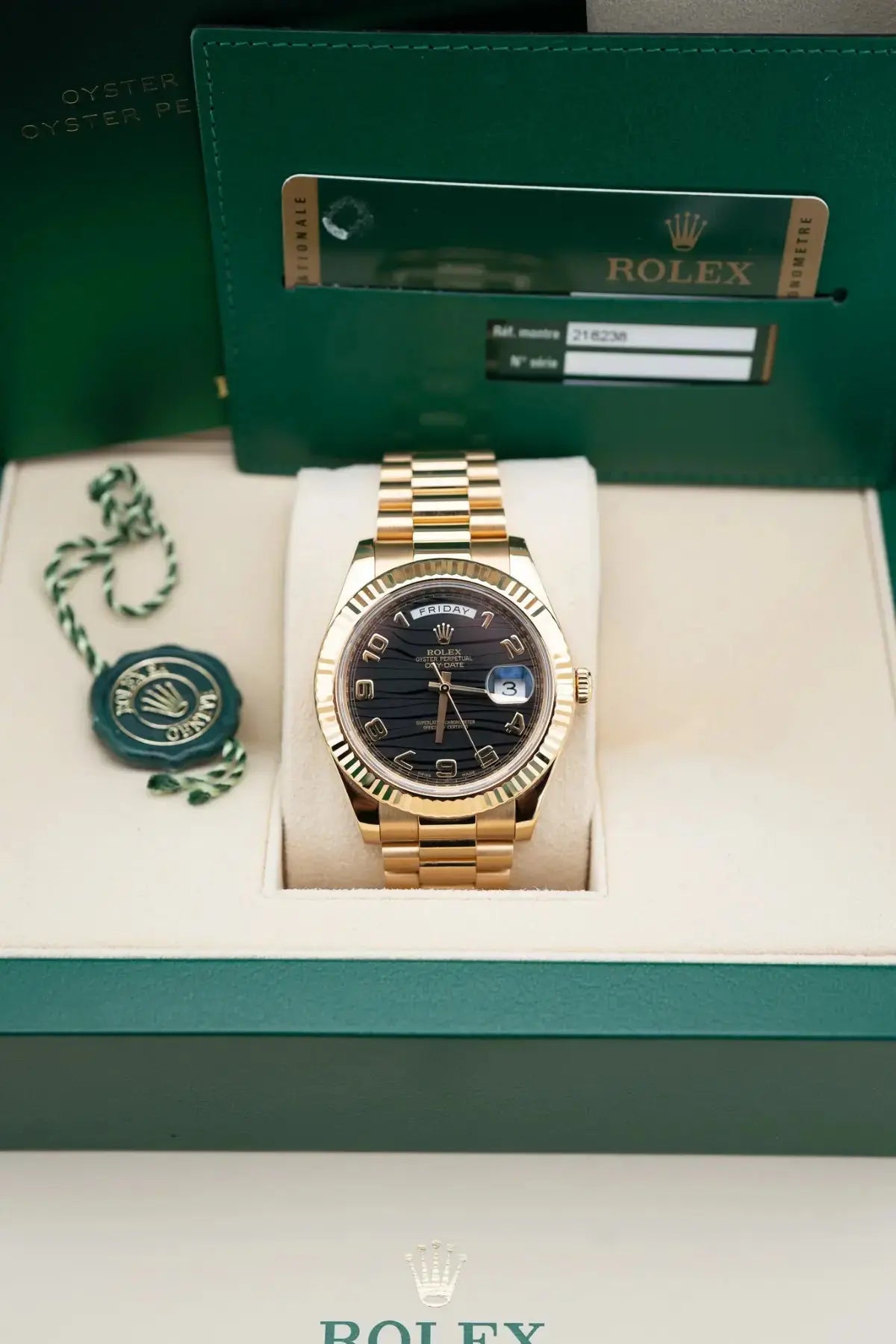 Rolex Day-Date II 218238 Black Wave Arabic Dial - Impossible Watches