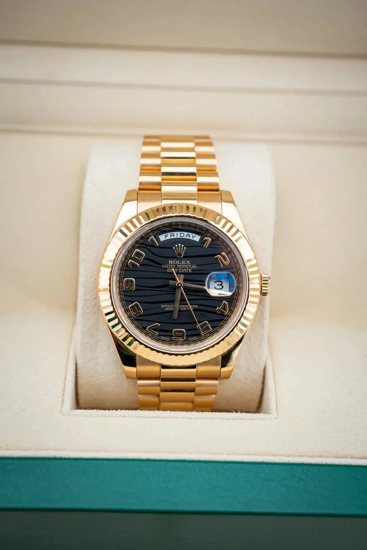 Rolex Day-Date II 218238 Black Wave Arabic Dial - Impossible Watches