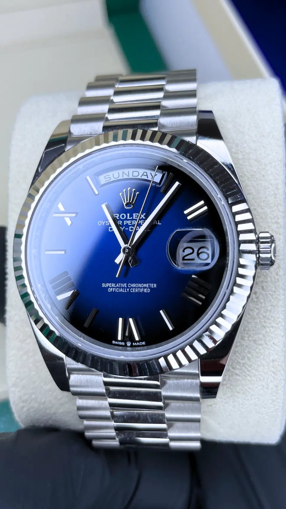 Rolex Day Date Blue Ombre White Gold MINT 2024 - Impossible Watches